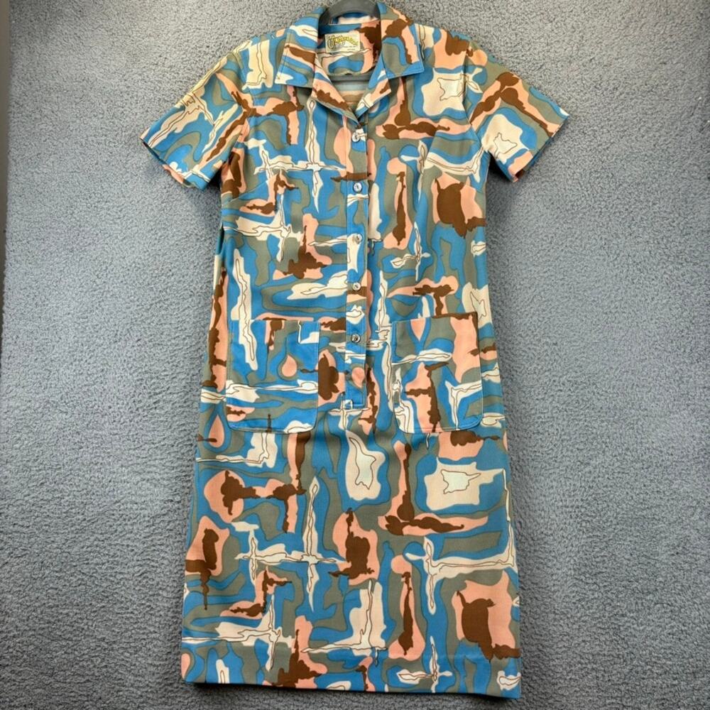 VTG MCM Dress Large Tumbleweeds 60s 70s Retro Pockets Artsy Pink Blue 40" chest